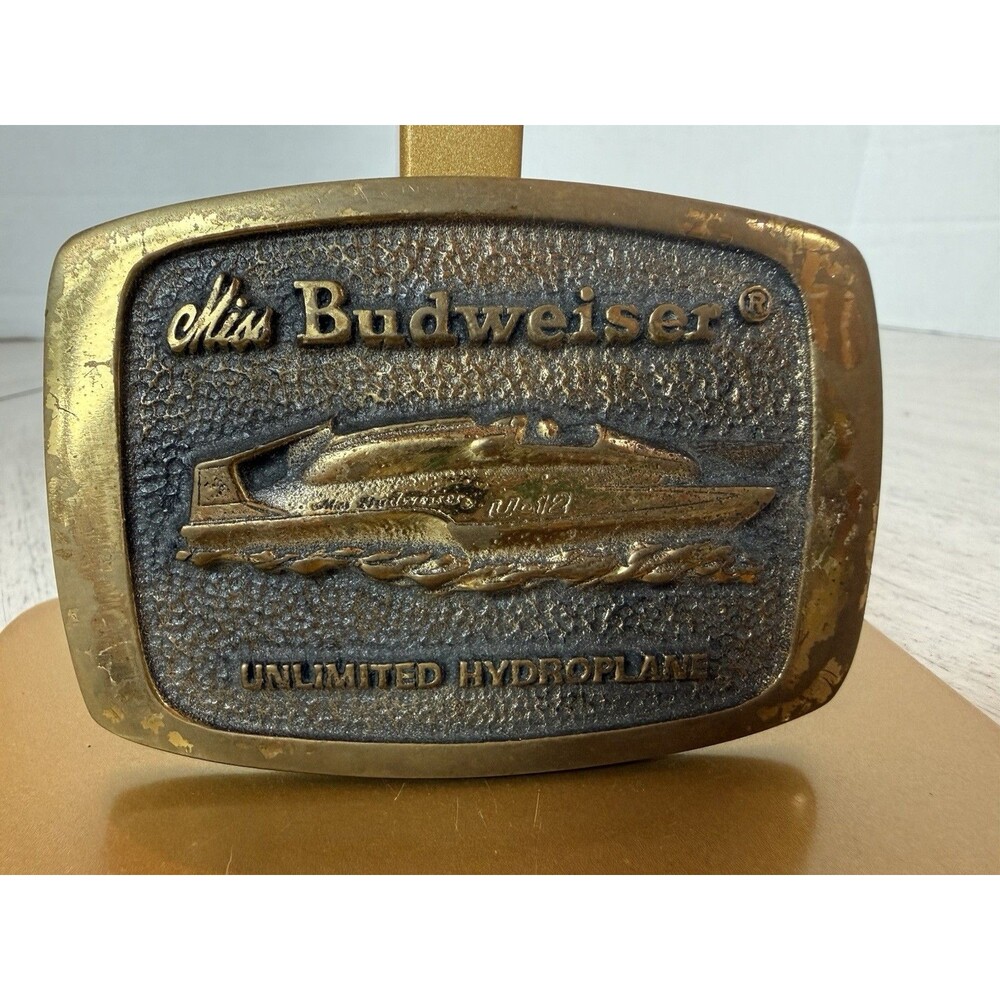Vintage Miss Budweiser Hydroplane Belt Buckle USA Made Solid Brass 1970s